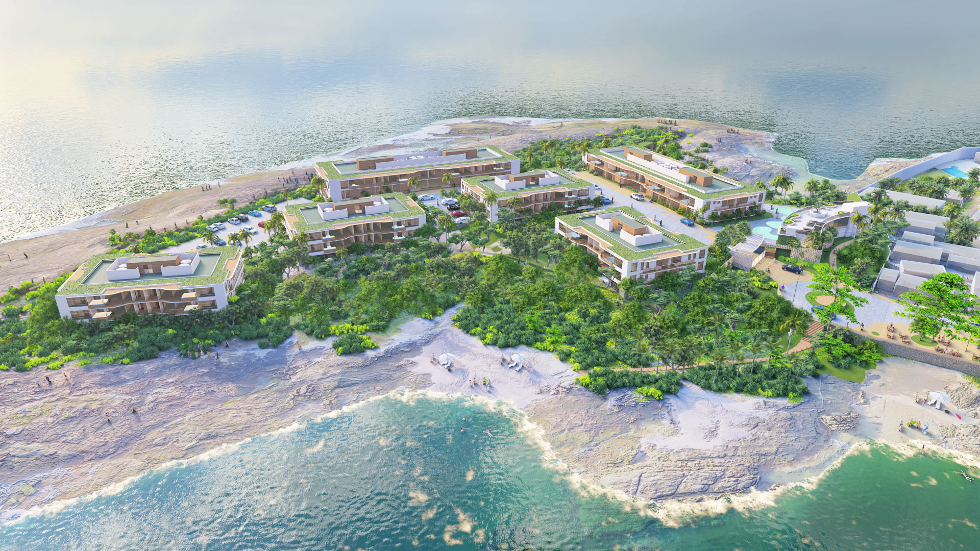 Manami Ocean Living — vista aérea do empreendimento na península da Enseada Azul, Guarapari